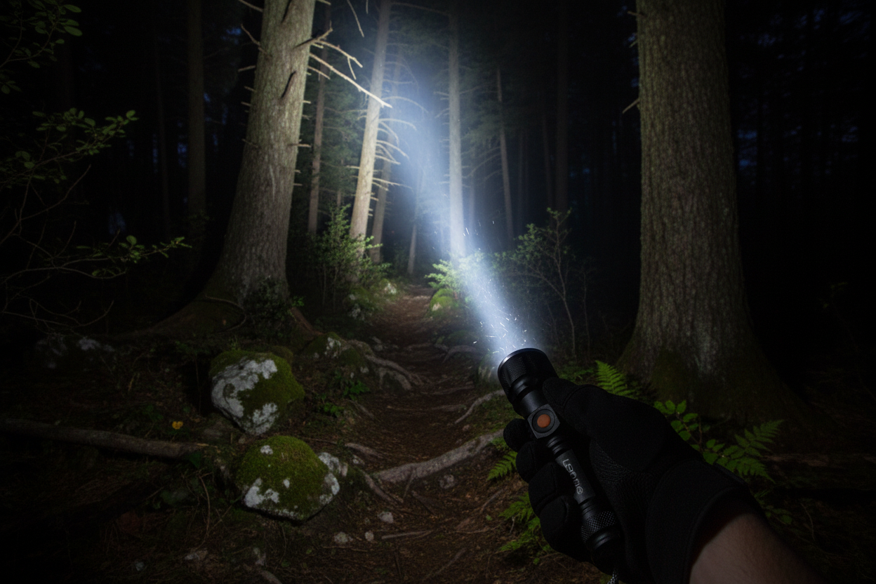 Linterna LED táctica recargable USB iluminando un bosque oscuro de noche